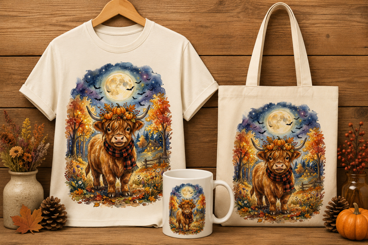 Highland Cow Plaid Scarf Pumpkin Full Moon Autumn Art