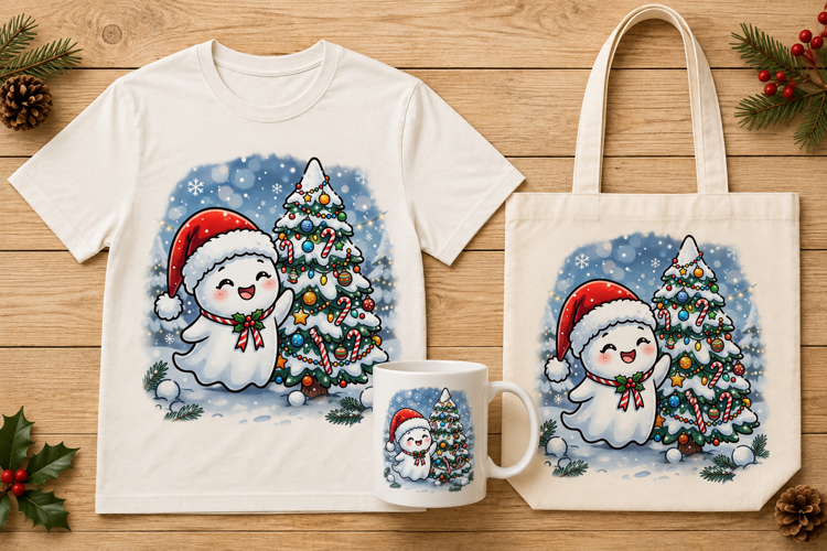 Cute Christmas Ghost Santa Hat Tree Holiday Clipart