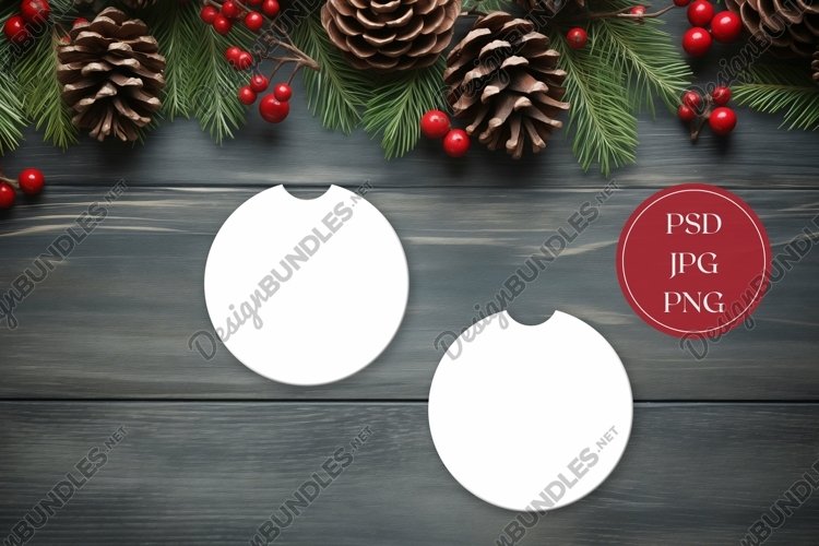 Christmas Car Coasters Mock Up, Wooden Table Flat Lay Design example image 1