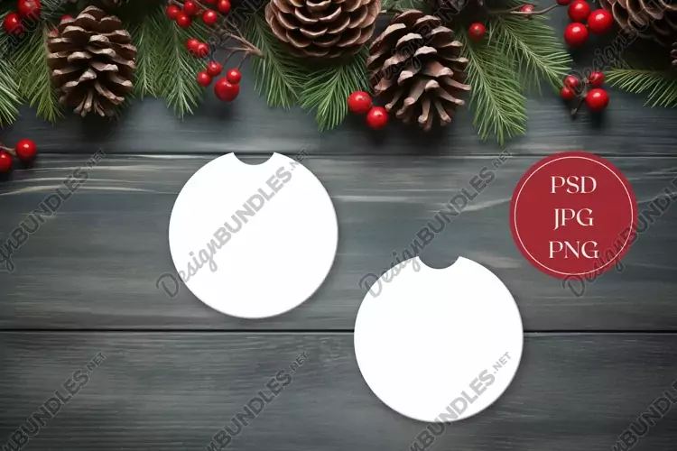 Christmas Car Coasters Mock Up, Wooden Table Flat Lay Design