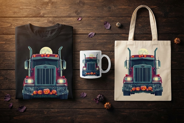 Red Semi Truck Halloween Design with Pumpkins and Moon