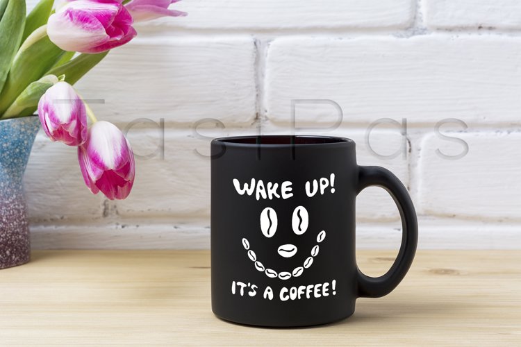 Black coffee mug mockup with magenta tulip example image 1