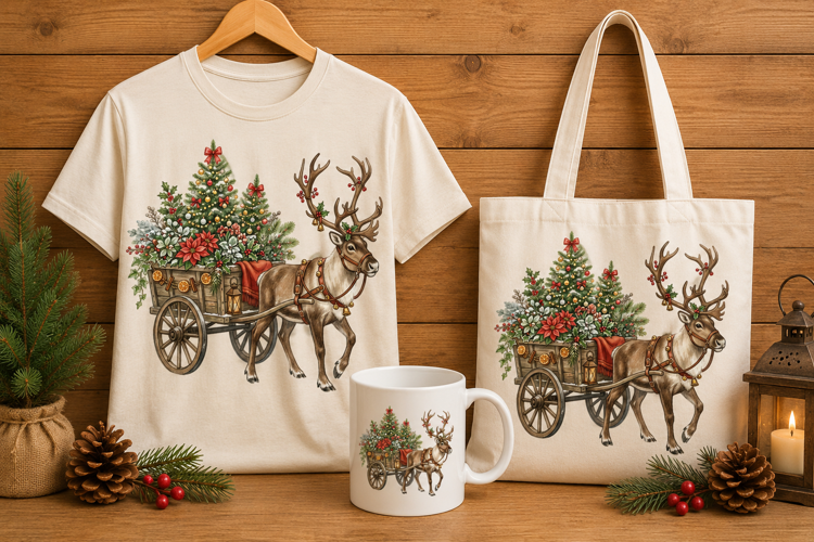Christmas Reindeer Pulling Wooden Cart Holiday Art Print