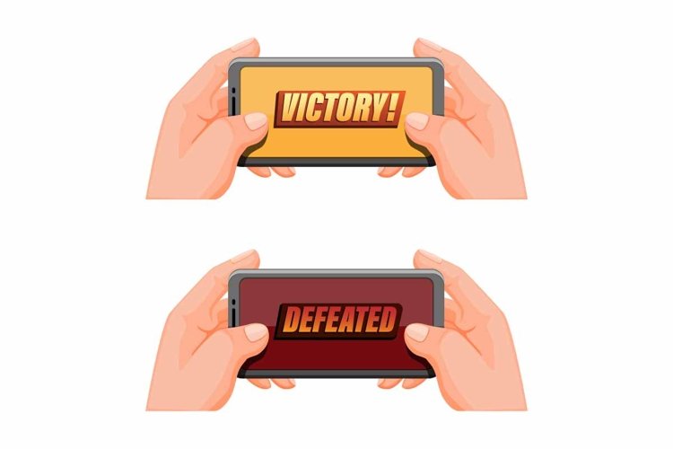 hand holding smartphone victory and defeated pop up icon example image 1