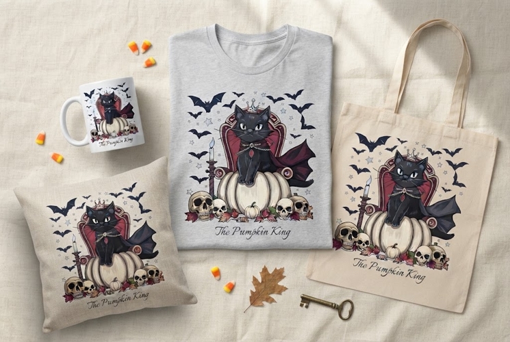 Halloween Black Cat King PNG | Pumpkin & Skull Spooky Design