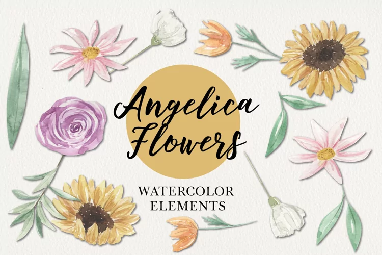 Watercolors Hand Painted Spring Flowers Sunflowers Pink
