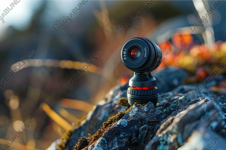 360 degree camera shooting panoramic video on a rock