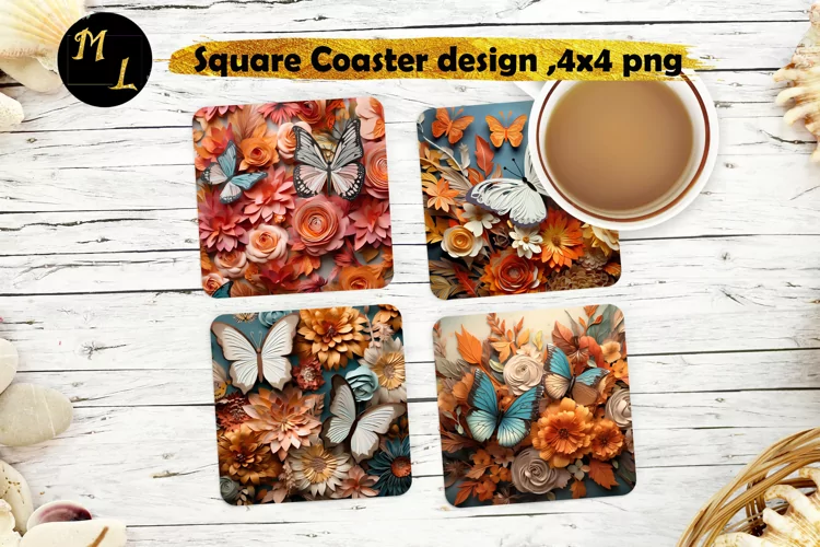 3d Butterflies Coaster design,Butterflies Square Coaster png