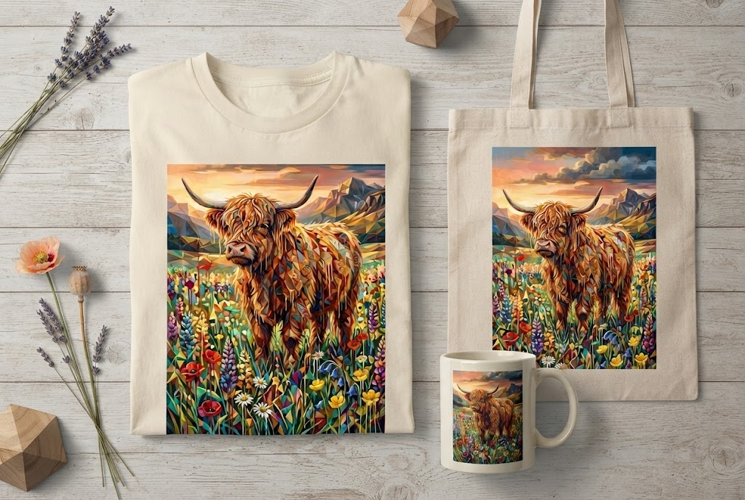 Abstract Geometric Highland Cow Wildflower Sunset Art
