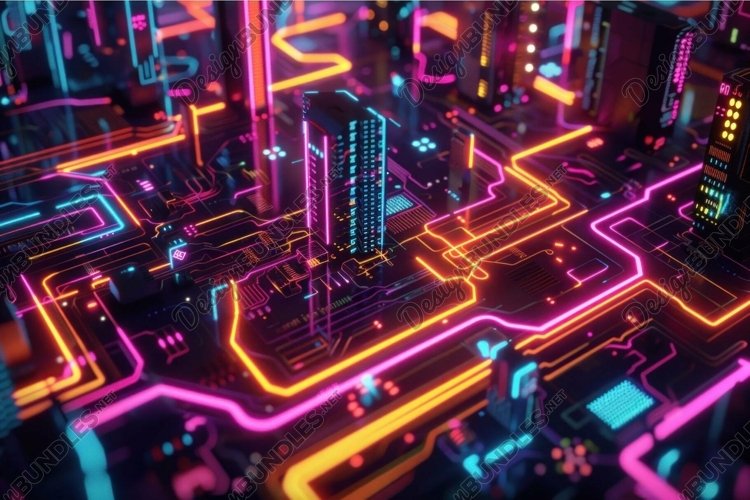 Futuristic neon cityscape forming on motherboard example image 1