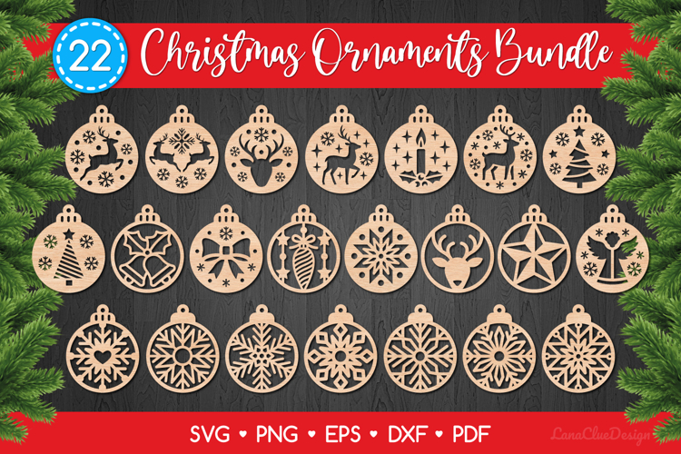 22 Round Christmas Ornaments SVG Bundle, Laser Cut Templates