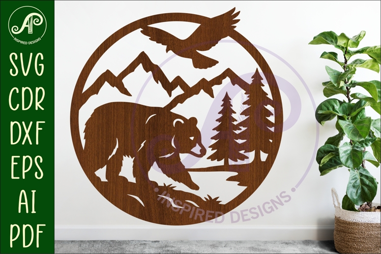 Black bear mountain scene wall sign svg laser cut
