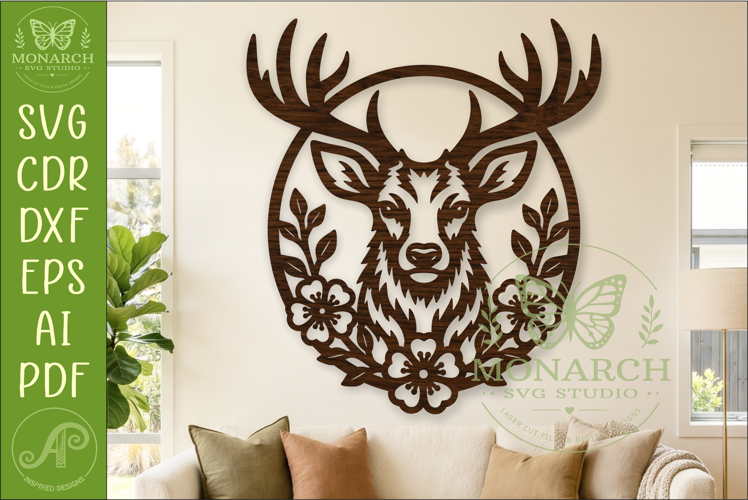 Floral Deer SVG, Stag Wall Art, Woodland Deer Laser Cut File