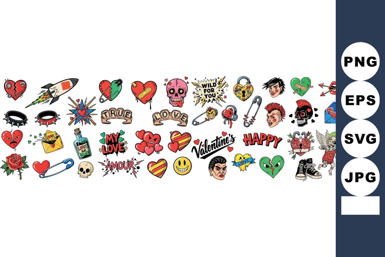 Colorful Retro Cartoon Valentines Day Design Set