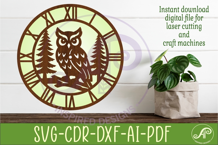 Owl Clock SVG Designs, Owl and Trees Wall Clock for Laser