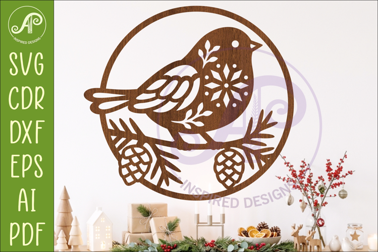 Scandinavian Christmas Bird SVG, Folk Art Winter Sign Laser