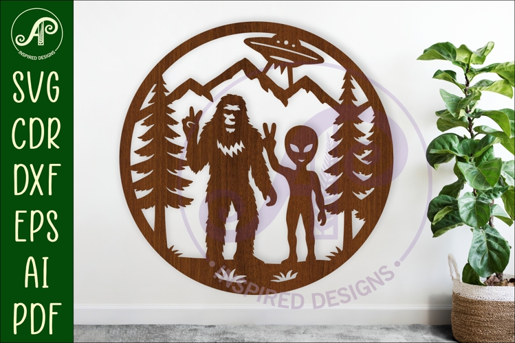 Bigfoot and Alien wall art sign, SVG file