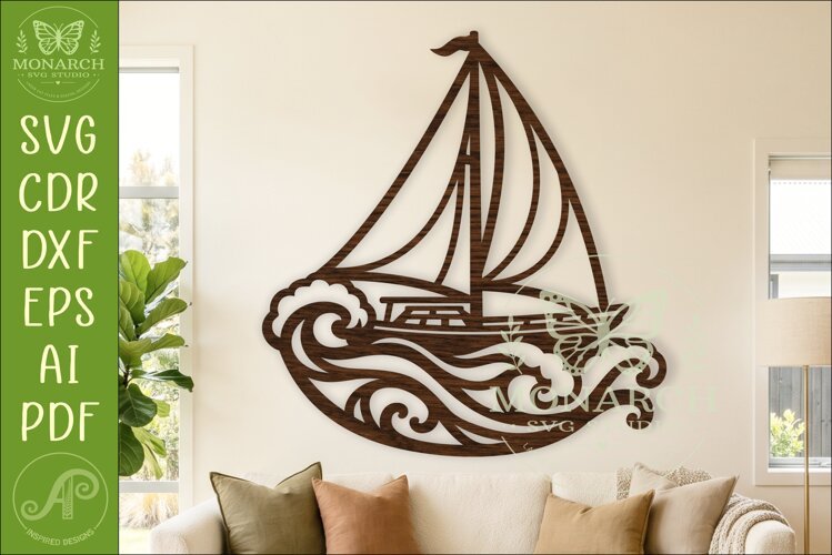 Sailboat Ocean Waves Wall Art SVG Nautical Coastal Laser Cut example image 1