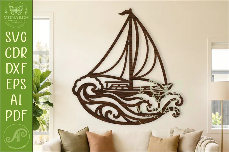 Sailboat Ocean Waves Wall Art SVG Nautical Coastal Laser Cut