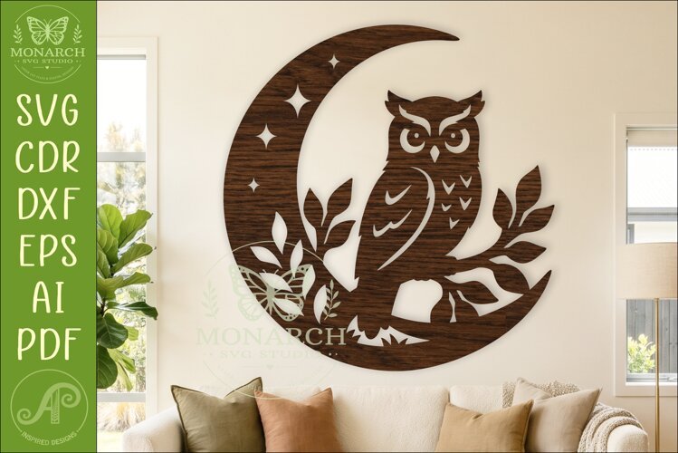 Owl and Moon Wall Art SVG, Woodland owl Laser Cut Design example image 1