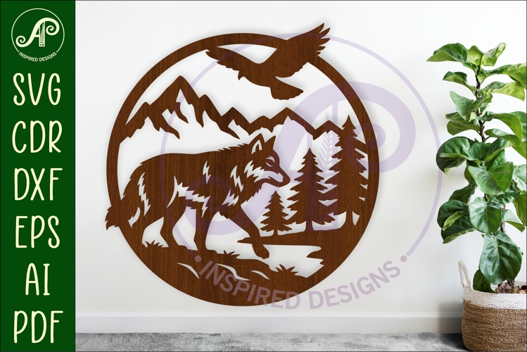 Grey wolf mountain scene wall sign svg laser cut