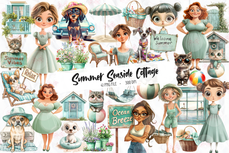 Summer Seaside Cottage Clipart, Set Of 41 Png Bundle