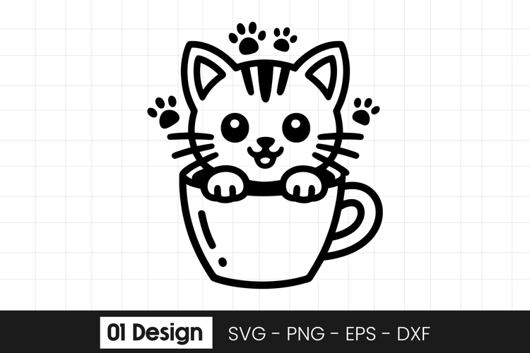 Cute Kitten in Cup Cartoon Design SVG PNG