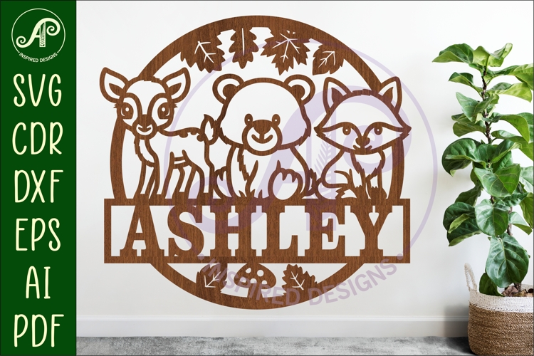 Woodland animals name sign design for laser cutting