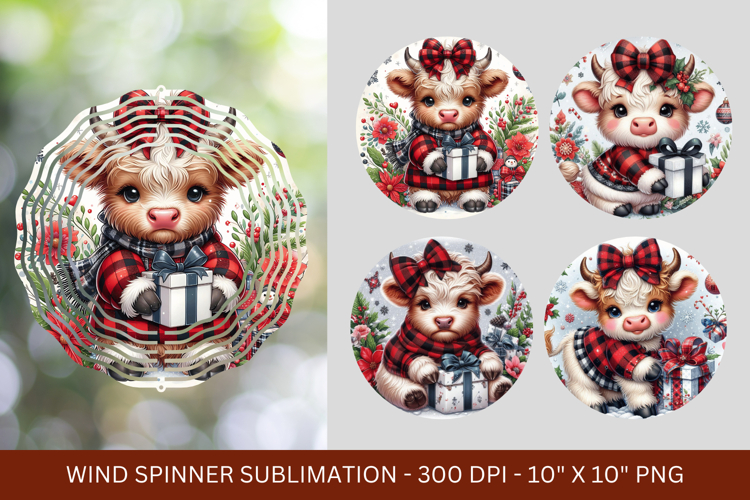 wind spinner - plaid christmas highland cow
