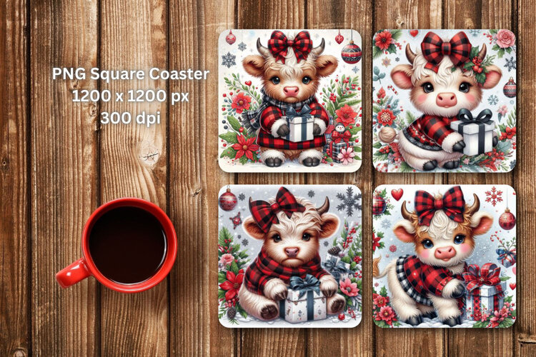 square coaster - christmas baby highland cow example image 1