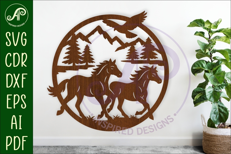 Running horses mountain scene wall sign svg laser cut