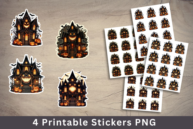 halloween printable sticker - haunted house with bats