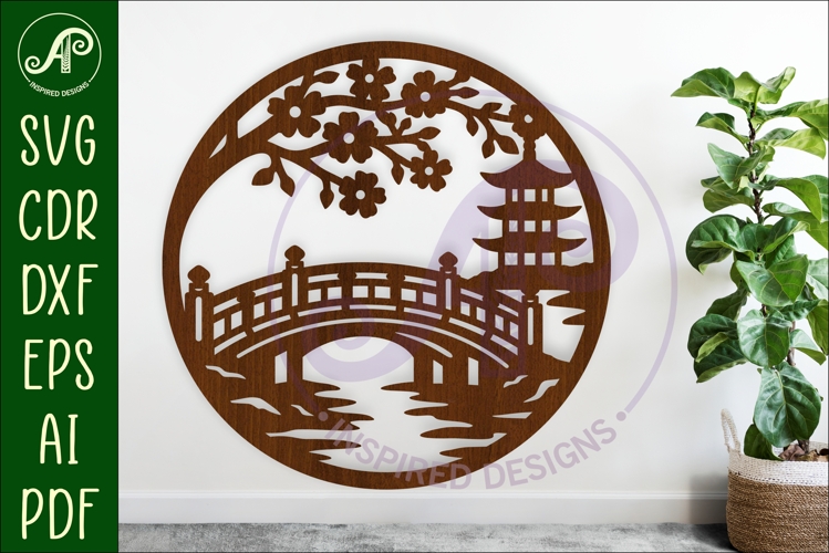 Japanese Bridge Wall Art SVG Laser Cut File, Pagoda Cherry
