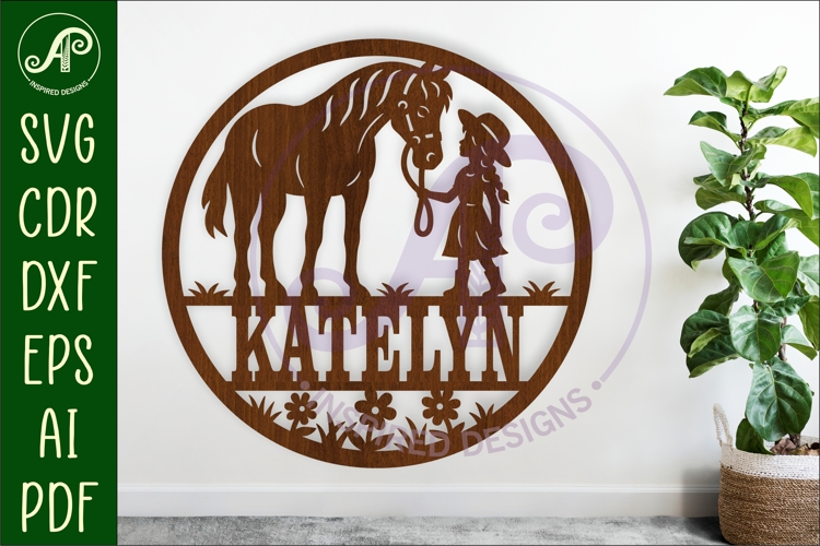 Little cowgirl and horse name sign svg laser cut template