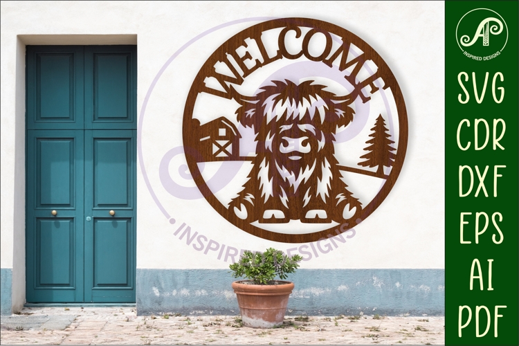 Welcome highland cow wall sign, SVG file. vector sign