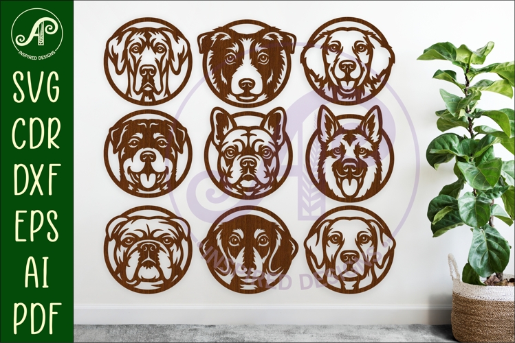 Dog SVG Bundle 9 Dog Breeds Laser Cut Files, Dog Faces, Pet