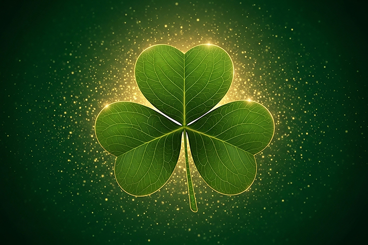 Green four-leaf clover with golden sparkles