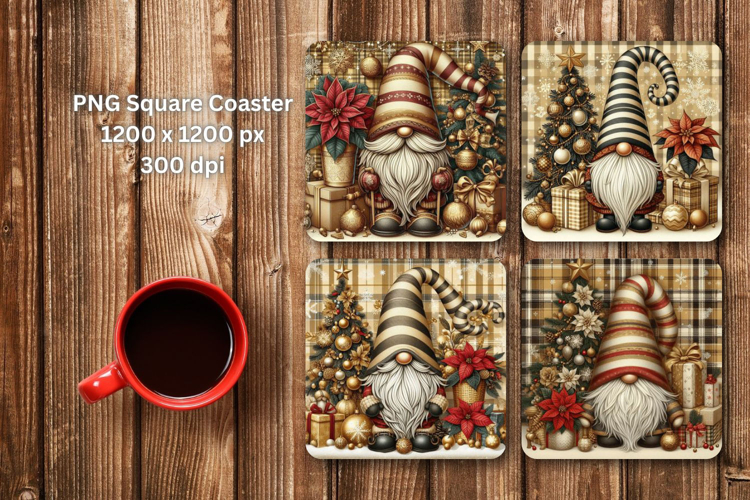 square coaster - gold christmas gnome