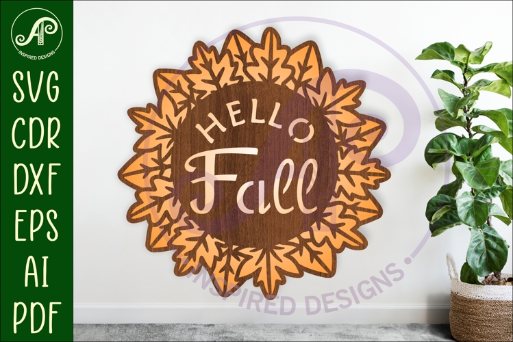 Hello fall leaf wreath wall sign svg laser cut file