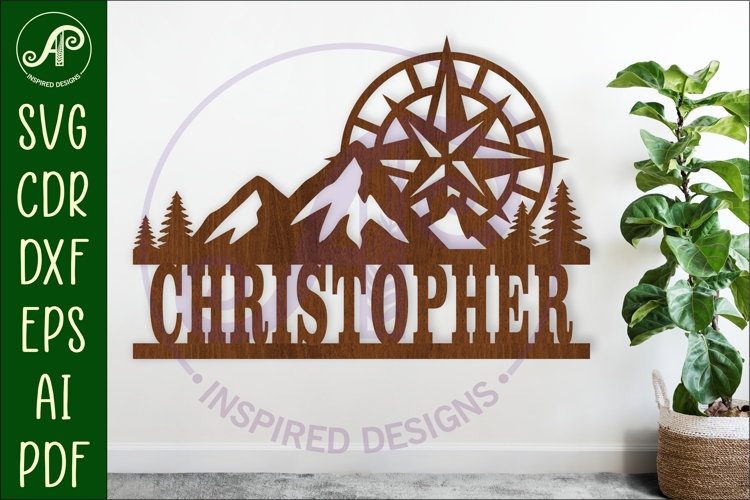 Mountains and compass name sign svg laser cut file