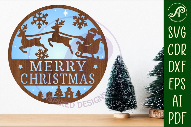 Merry Christmas Santa sleigh wall sign svg laser cut file