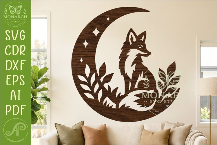 Fox and Moon Wall Art SVG, Woodland Fox Laser Cut Design example image 1