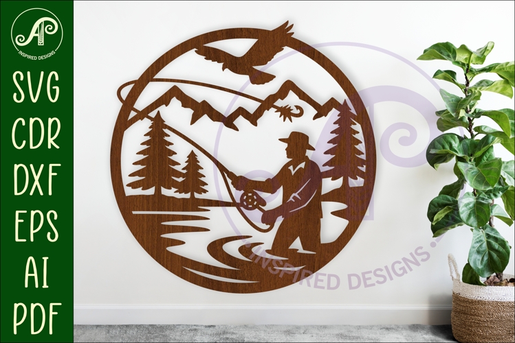 Fly fishing mountain scene wall sign svg laser cut