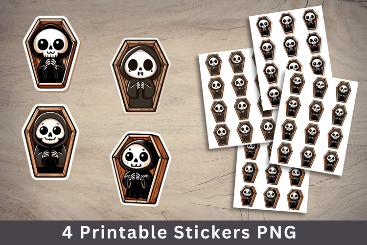 halloween printable sticker - cute skull in coffin