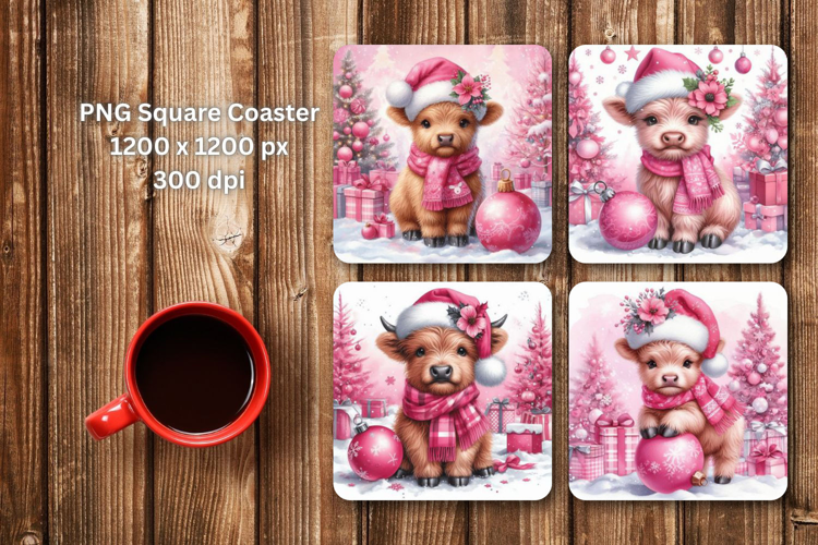 square coaster - pink highland cow christmas