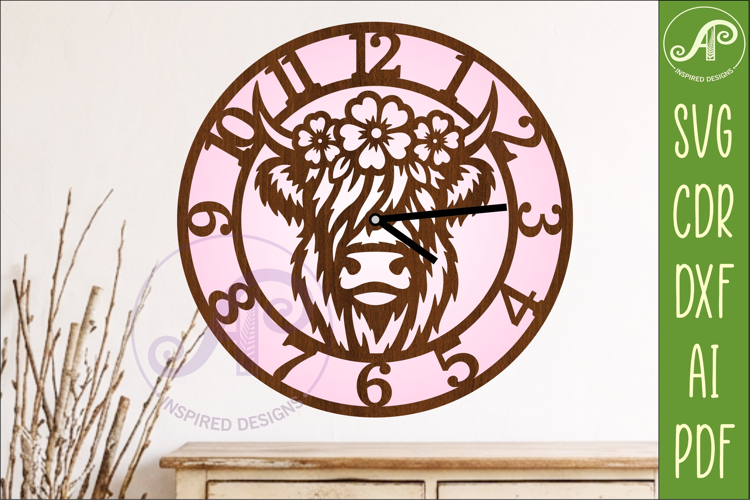 Floral Highland Cow Clock SVG, Farmhouse Cow Wall Clock