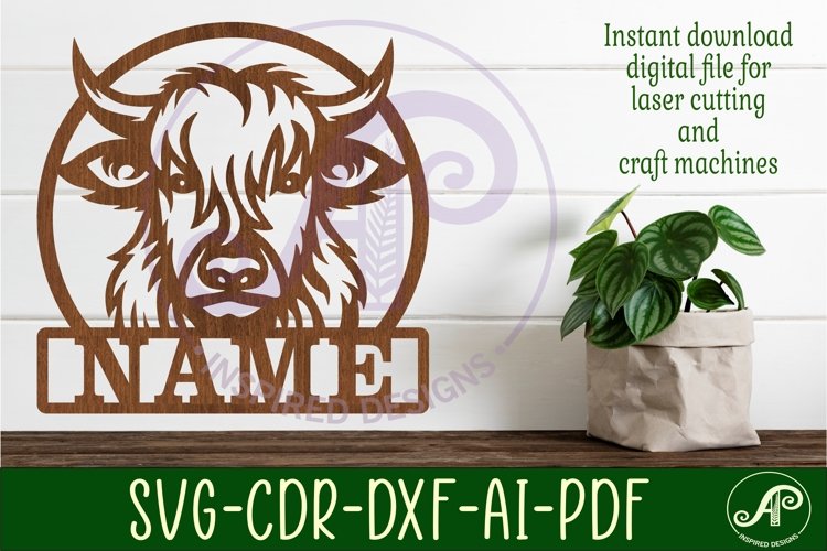 Highland cow name sign svg laser cut template (3353705)