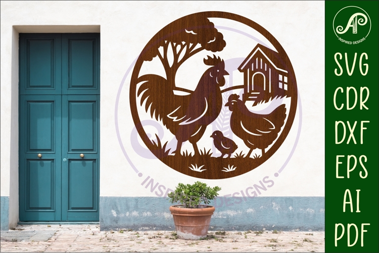 Chicken and Rooster farm scene wall sign, SVG file.
