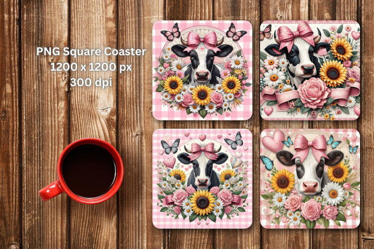 square coaster - plaid sunflower cow example image 1
