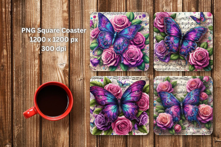 square coaster - floral rose butterfly